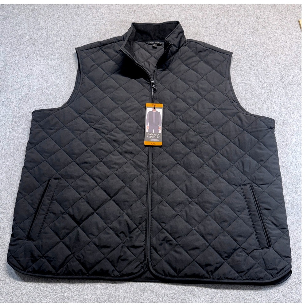 Banana Republic Quilted Vest Mens XXL Black Diamond Zip Front Water Resistant
